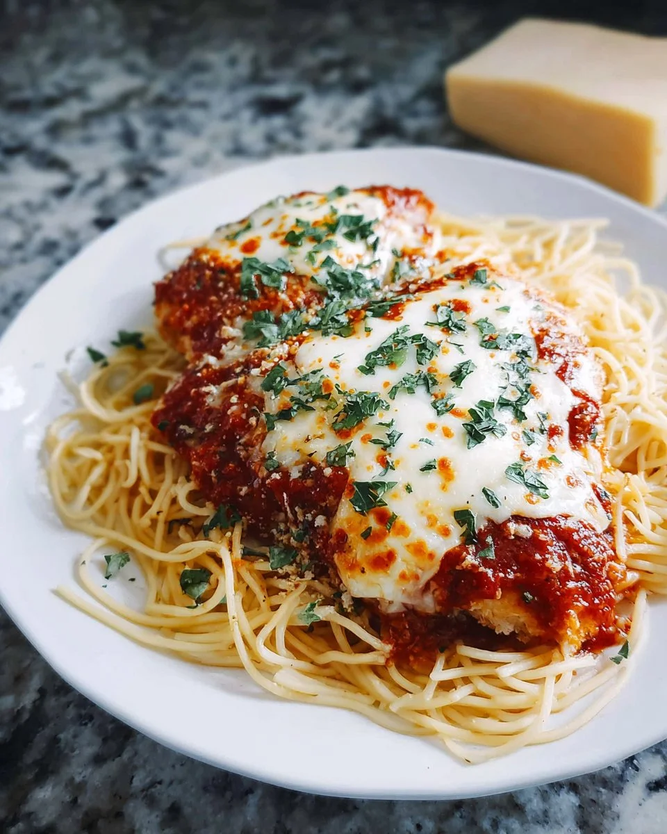 Instant Pot Chicken Parmesan served with pasta and marinara sauce
