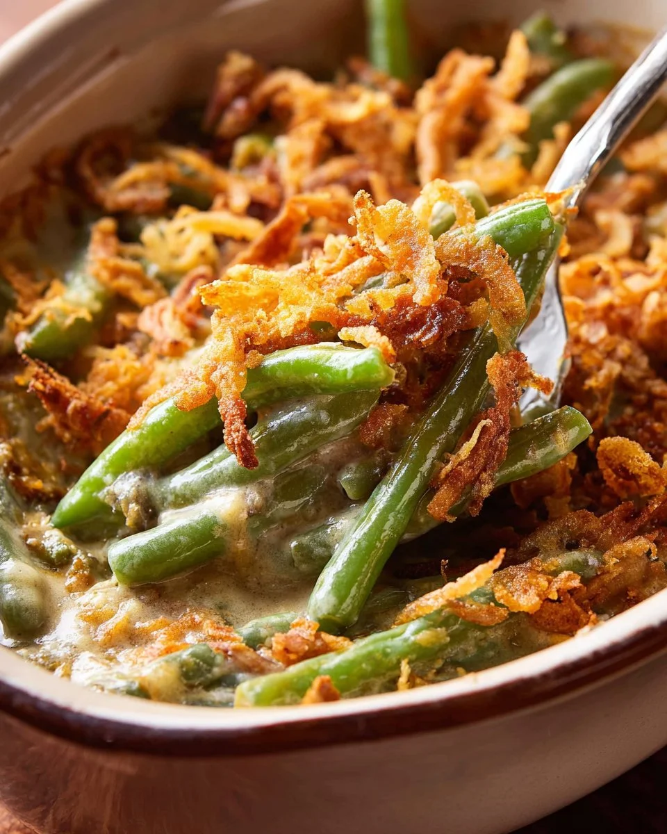 Instant Pot green bean casserole topped with crispy onions in a serving dish.