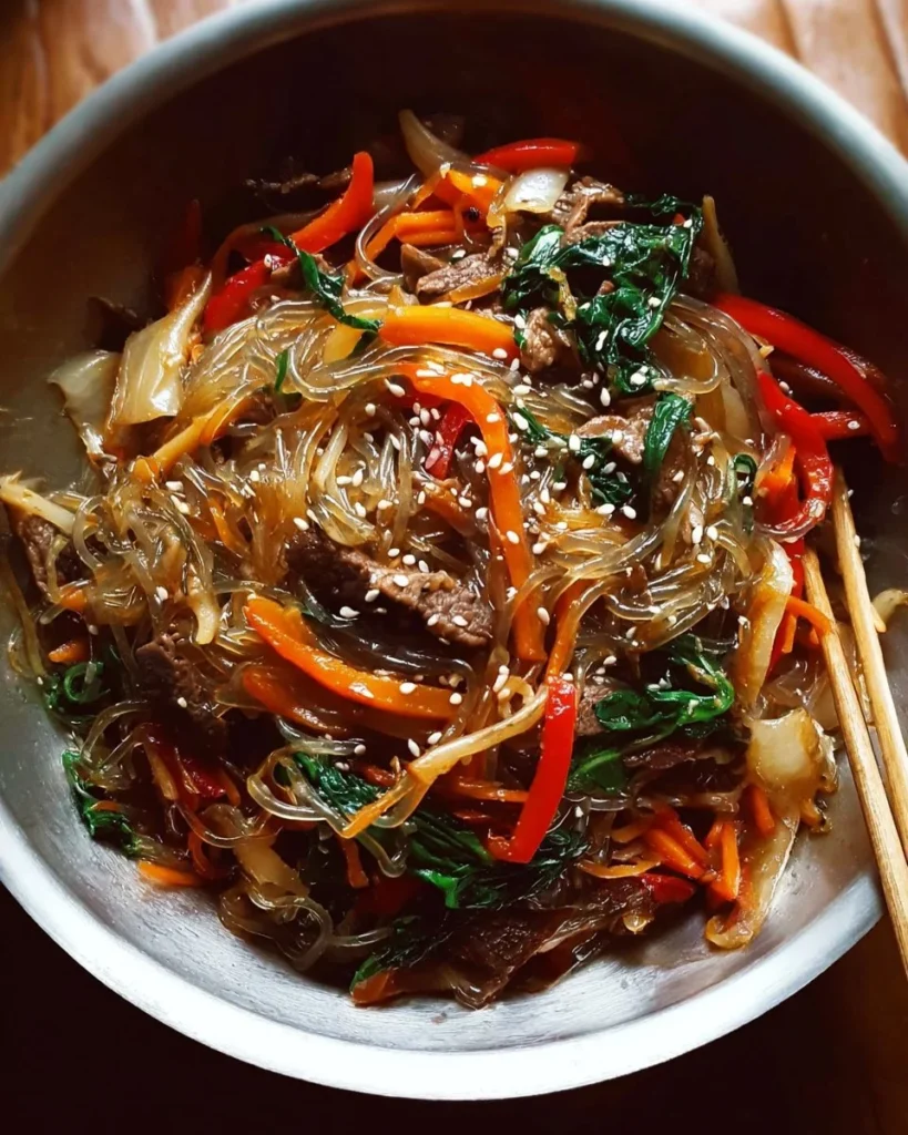 Bowl of traditional Japchae, a flavorful Korean noodle dish with vegetables.