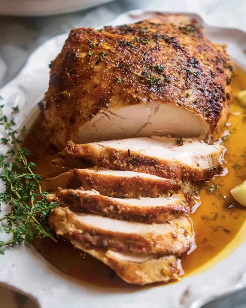 Juicy slow cooker turkey breast served with herbs and spices