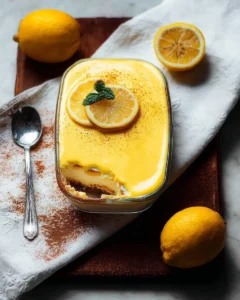 Delicious lemon tiramisu dessert served in a glass