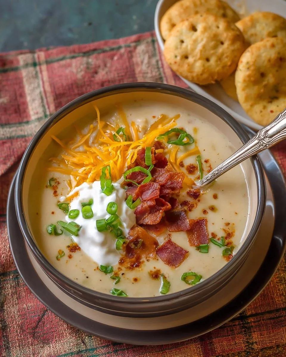Delicious loaded baked potato soup topped with cheese and bacon.