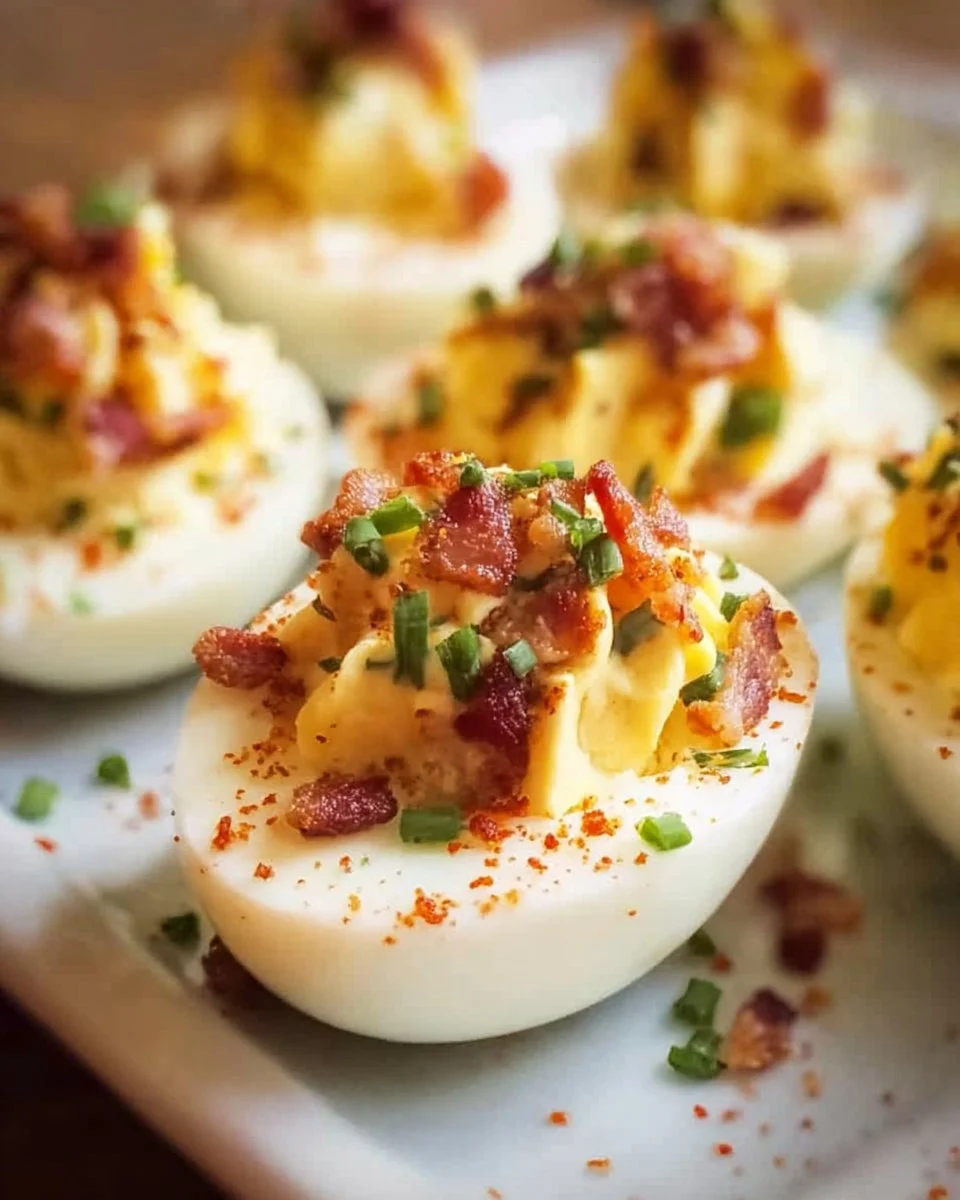 Loaded deviled eggs topped with crispy bacon
