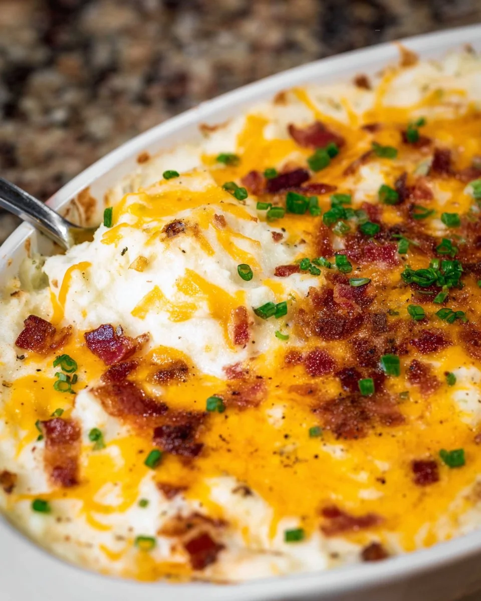 Delicious loaded mashed potato casserole topped with cheese and bacon