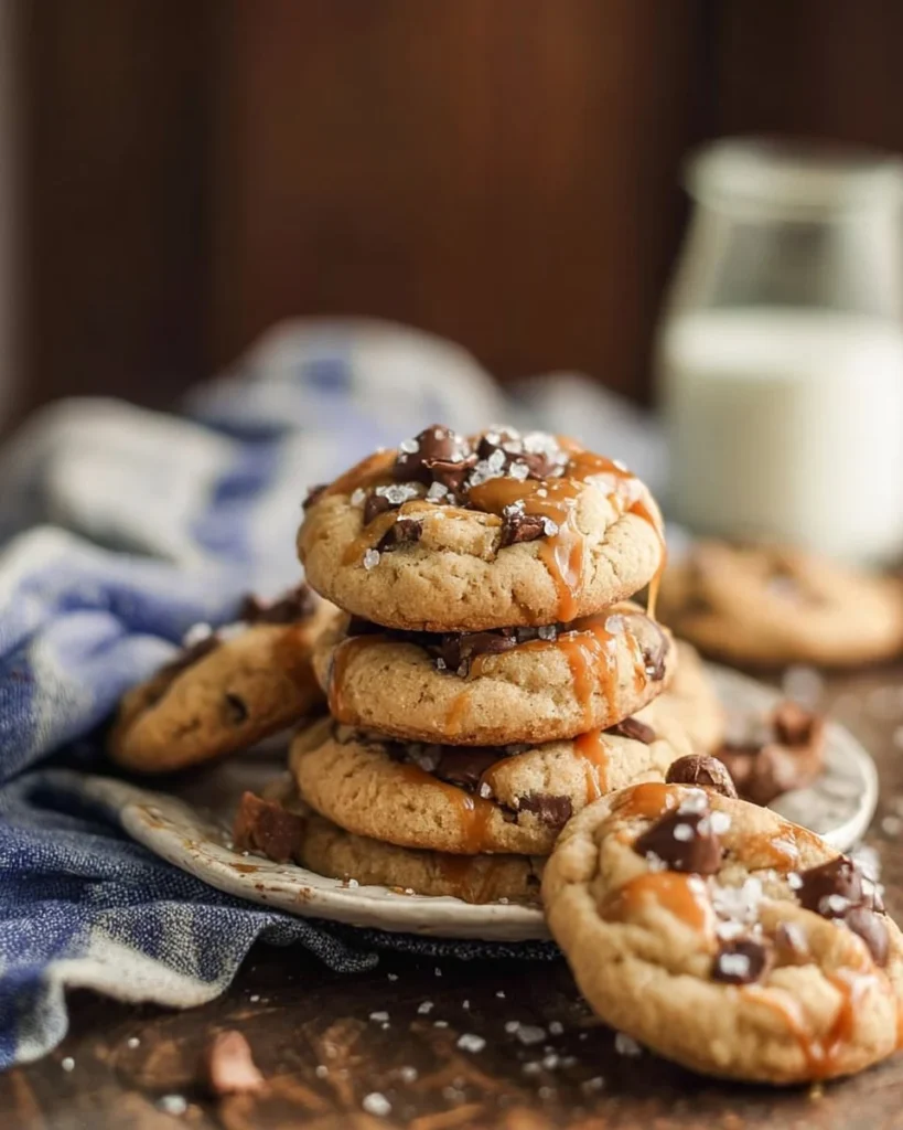 Loaded salted caramel soft batch cookies on a plate.