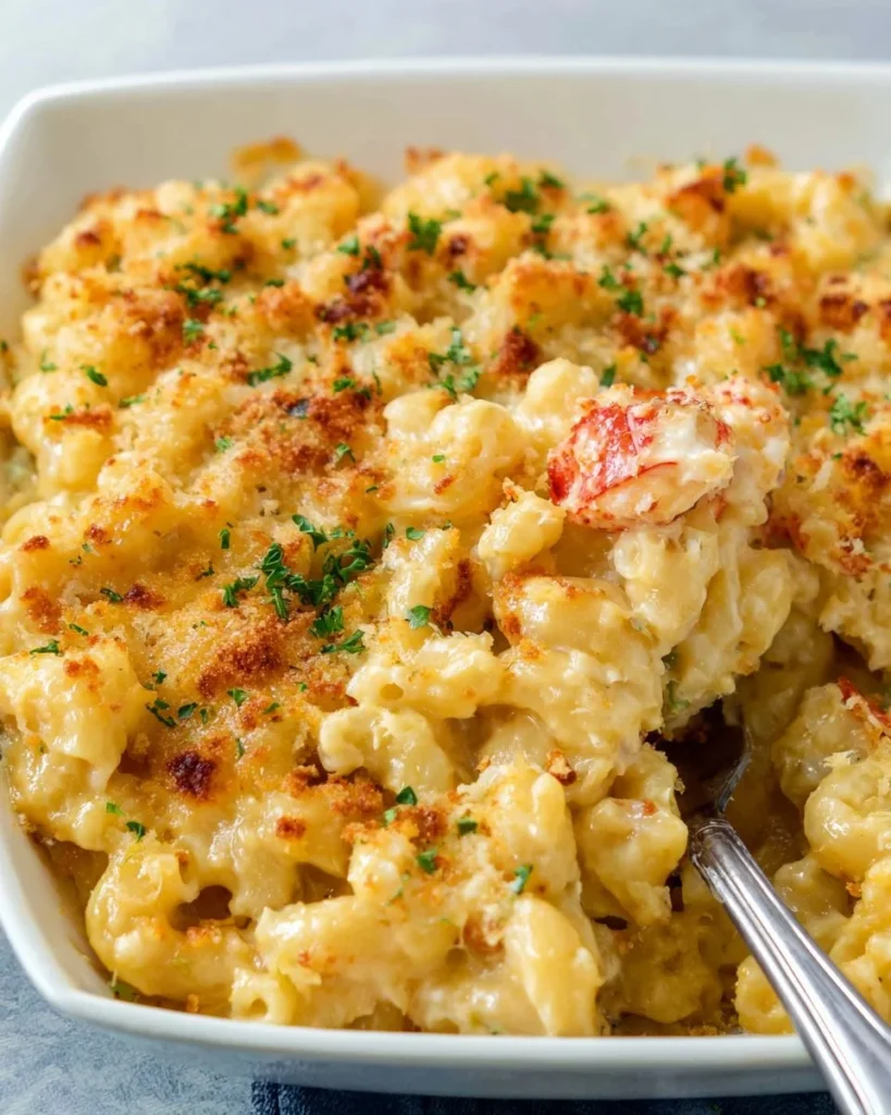 Delicious Lobster Mac and Cheese served in a bowl with breadcrumb topping