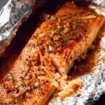 Delicious maple dijon baked salmon in foil on a plate garnished with herbs