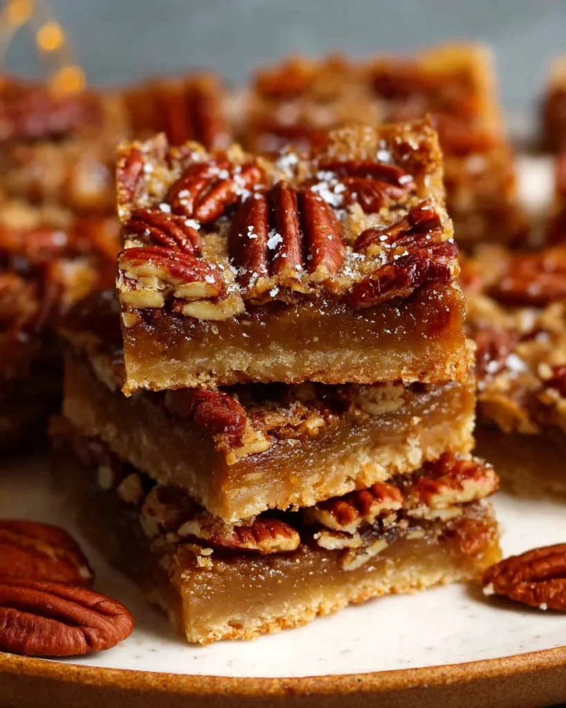 Delicious maple pecan pie bars topped with pecans and maple syrup