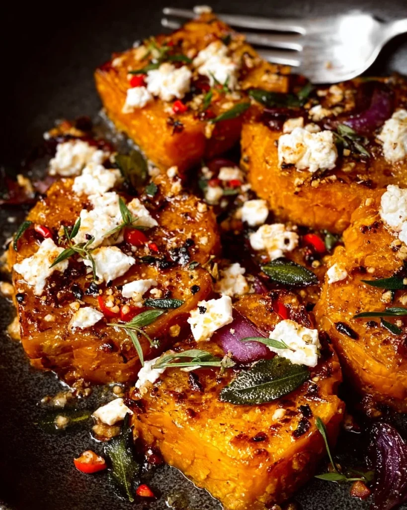 Maple roasted pumpkin with chili and feta served in a bowl