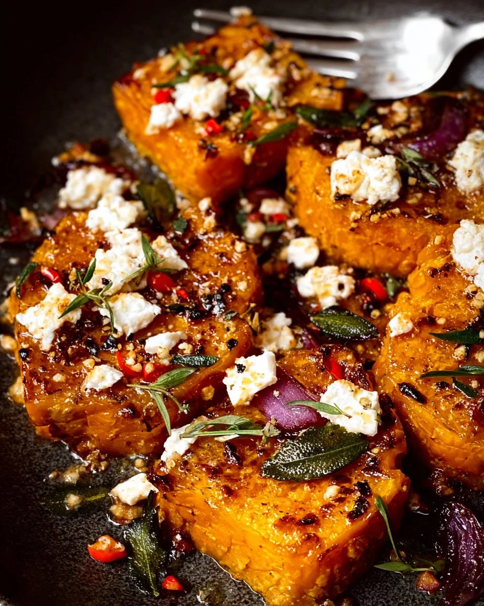 Maple roasted pumpkin with chili and feta served in a bowl