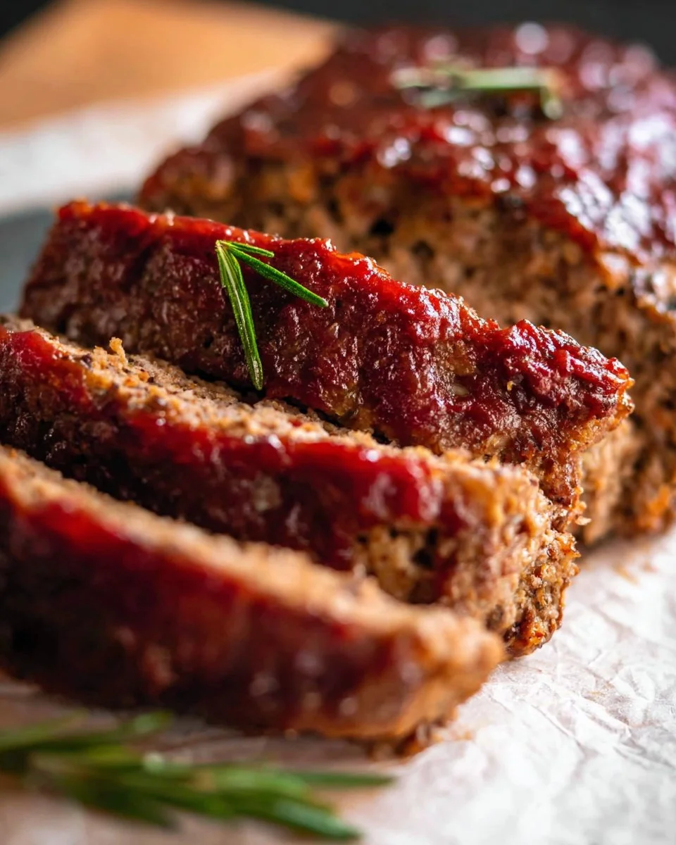 Delicious homemade meatloaf sliced on a wooden cutting board