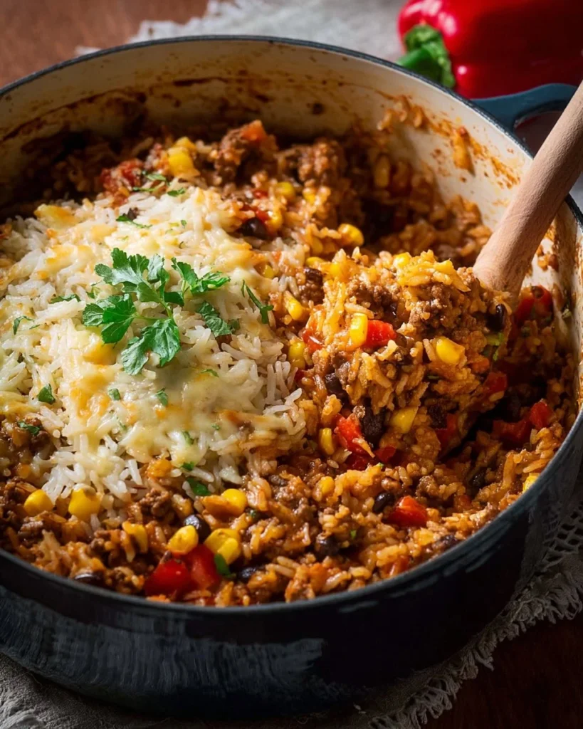 Delicious Mexican ground beef casserole with rice, topped with cheese and spices.