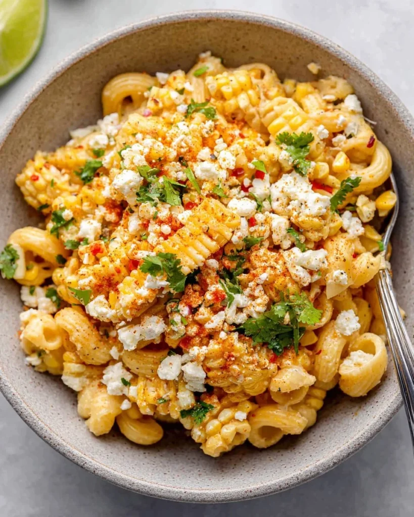 Bowl of Mexican street corn pasta salad with fresh corn, pasta, cilantro, and lime