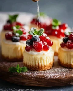 Decadent mini cheesecakes topped with fruit and whipped cream