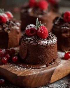 Delicious mini chocolate cakes displayed on a dessert stand.