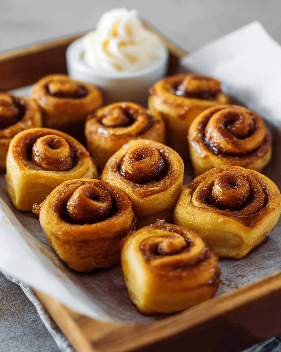 Delicious mini cinnamon rolls topped with icing on a plate