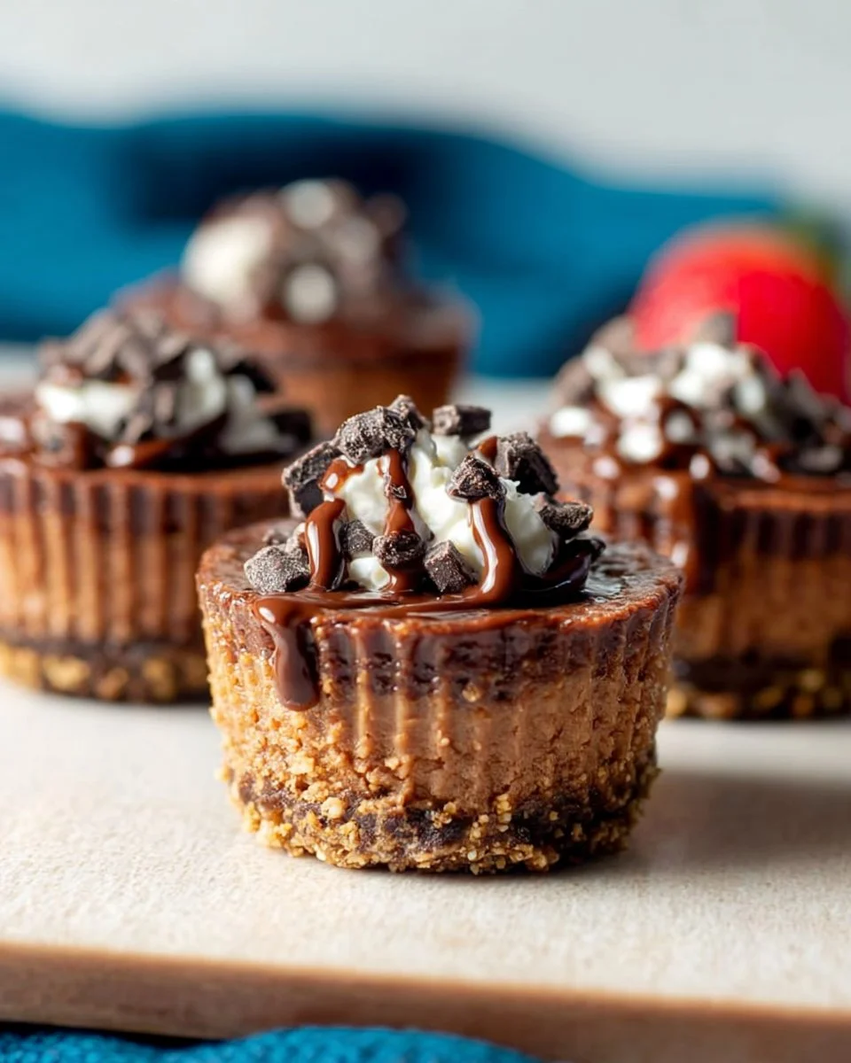 Mini Nutella cheesecake bites served on a plate with chocolate garnish