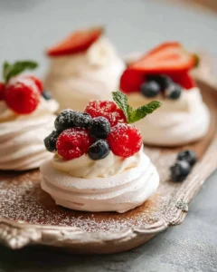 Delicious Mini Pavlovas topped with fresh fruits on a white plate