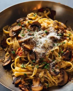 Delicious mushroom pasta served with creamy sauce and garnished with herbs
