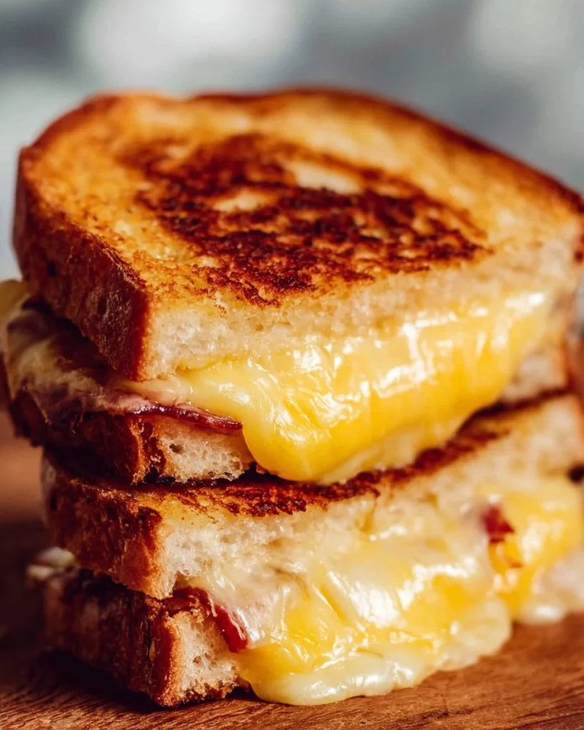 Deliciously melted grilled cheese sandwich on a wooden board