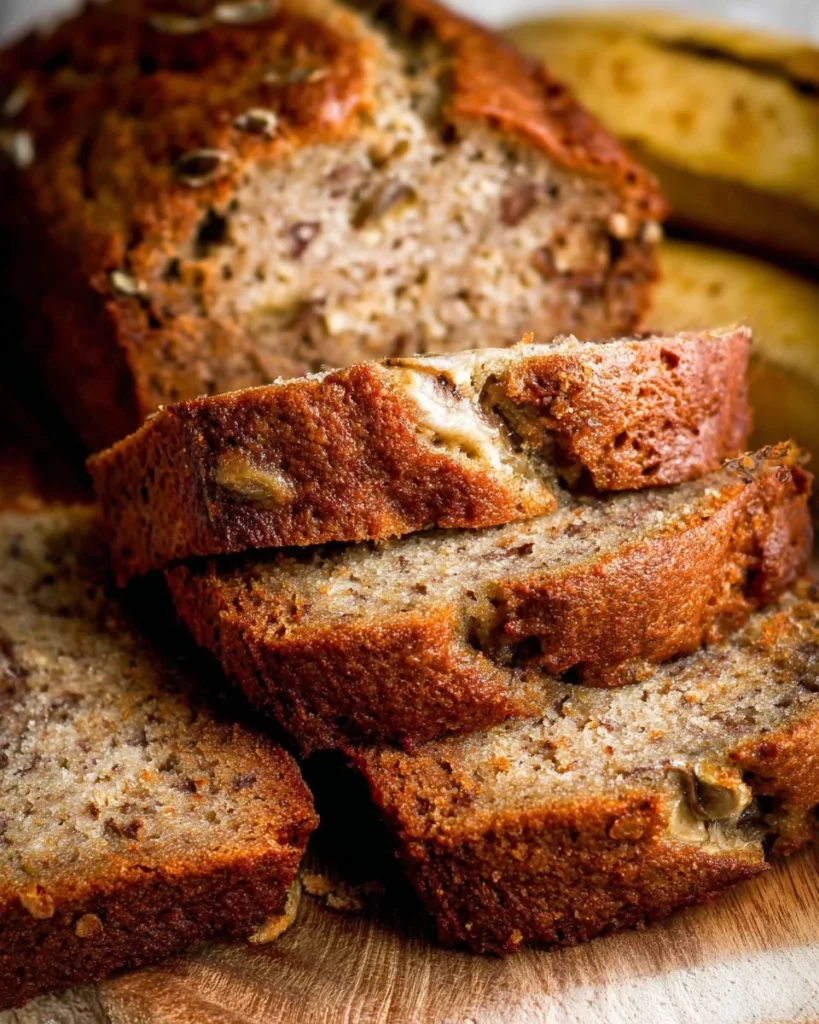Loaf of homemade banana bread on a wooden table