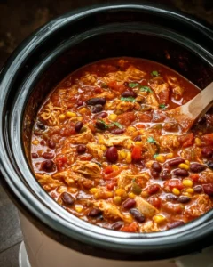 Bowl of delicious slow cooker chicken chili topped with cilantro and cheese