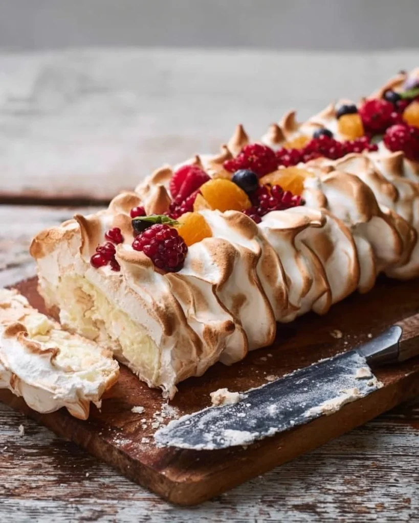 Deliciously fluffy never ending meringue slice on a white plate