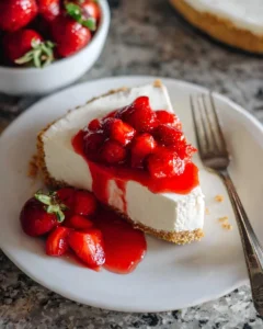 No Bake Graham Cracker Cheesecake with Strawberry Sauce