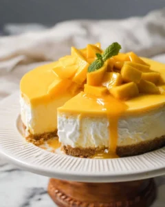 Delicious no bake mango cheesecake topped with fresh mango slices