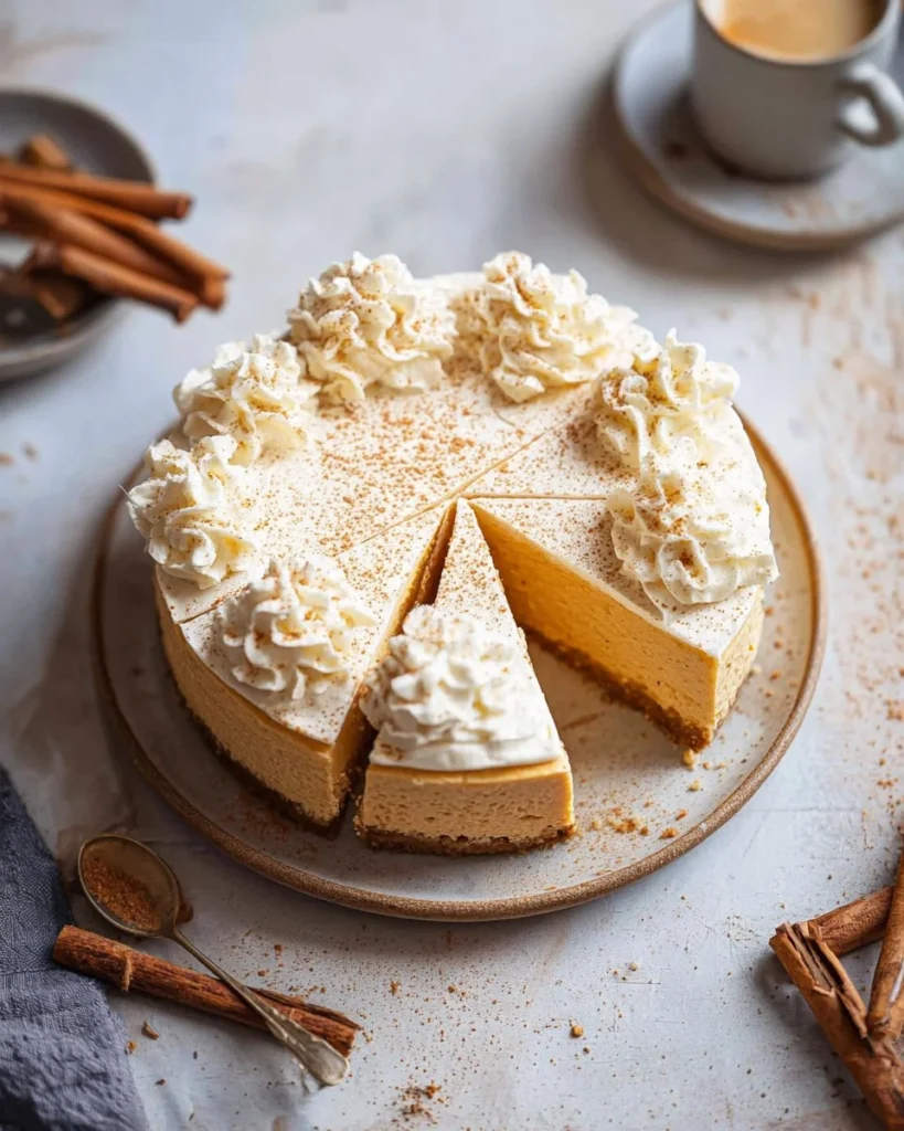 A delicious slice of no bake pumpkin pie cheesecake topped with whipped cream.