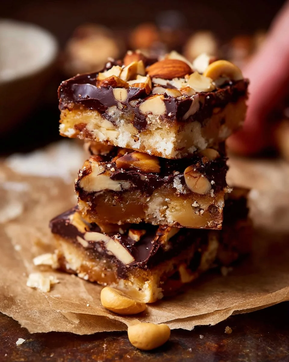 No-bowl chocolate nut bars made with nuts and rich chocolate