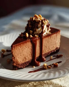 Delicious no-bake Nutella Cheesecake topped with chocolate shavings