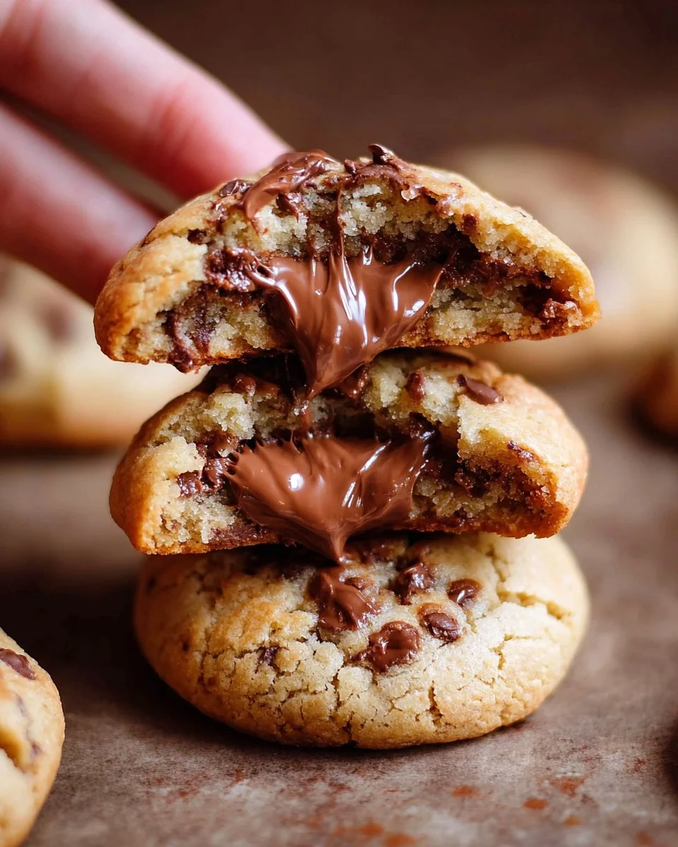 Nutella stuffed cookies on a plate, showcasing gooey chocolate hazelnut filling.