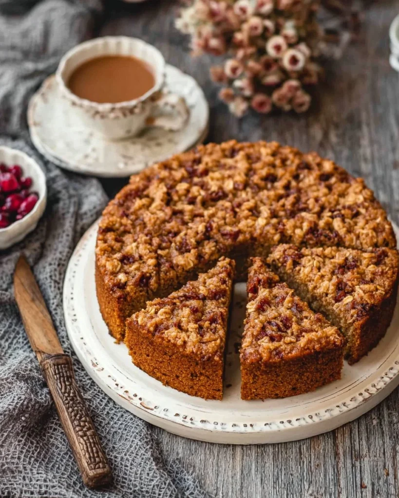 Old fashioned oatmeal cake topped with coconut and nuts on a rustic wooden table