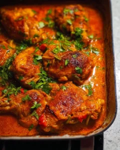 One-pan baked butter chicken dish garnished with fresh herbs on a plate.