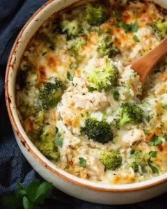 Baked broccoli chicken and rice casserole in a one pot dish