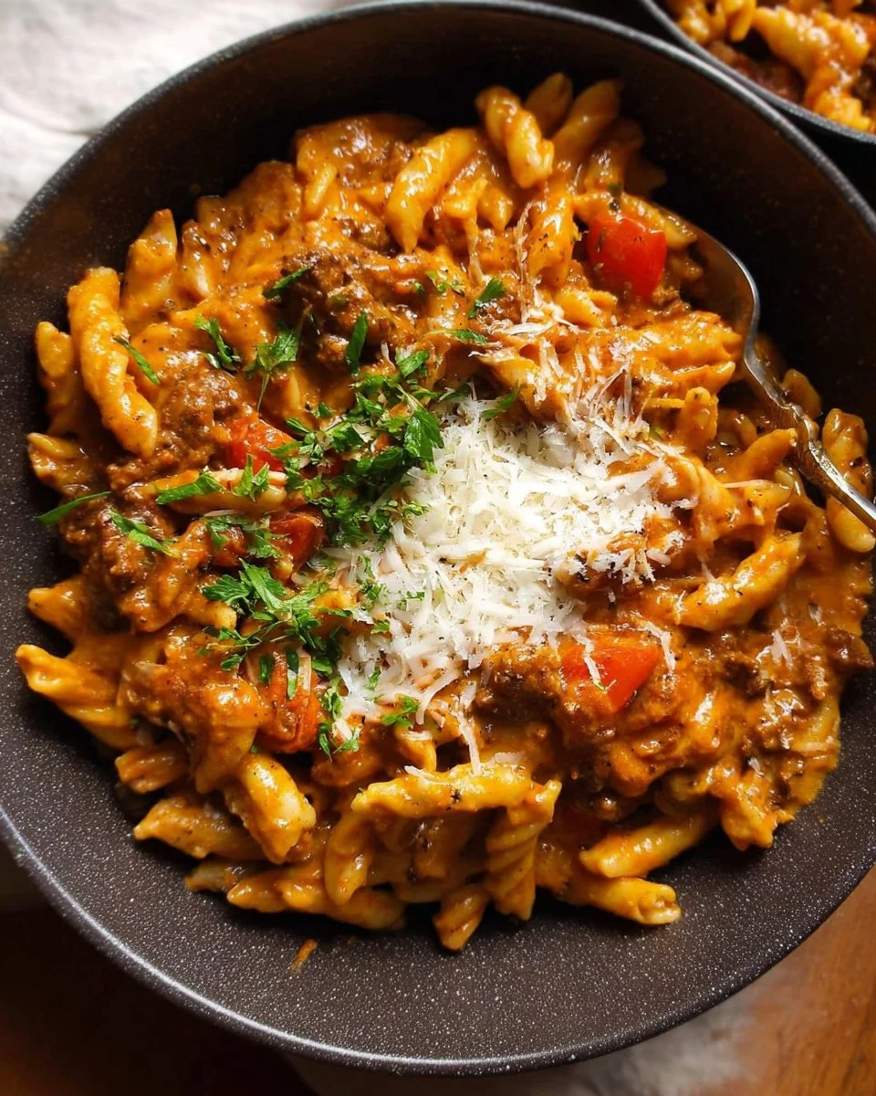 One pot creamy tomato beef pasta served with fresh basil and grated cheese.