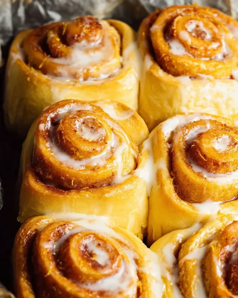 Homemade orange rolls drizzled with orange icing on a white plate.