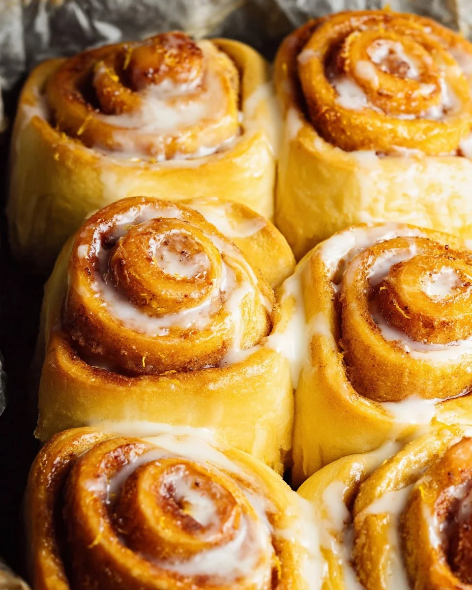 Homemade orange rolls drizzled with orange icing on a white plate.