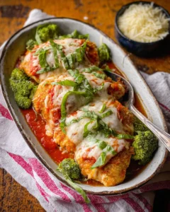 Oven baked chicken parmesan topped with melted cheese and fresh herbs