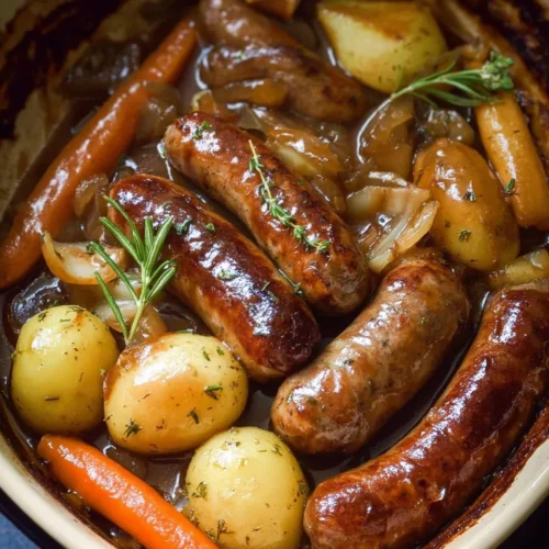 Oven Baked Sausages and Gravy with Potatoes and Carrots