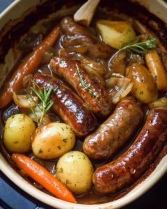 Oven baked sausages served with potatoes, vegetables, and rich gravy