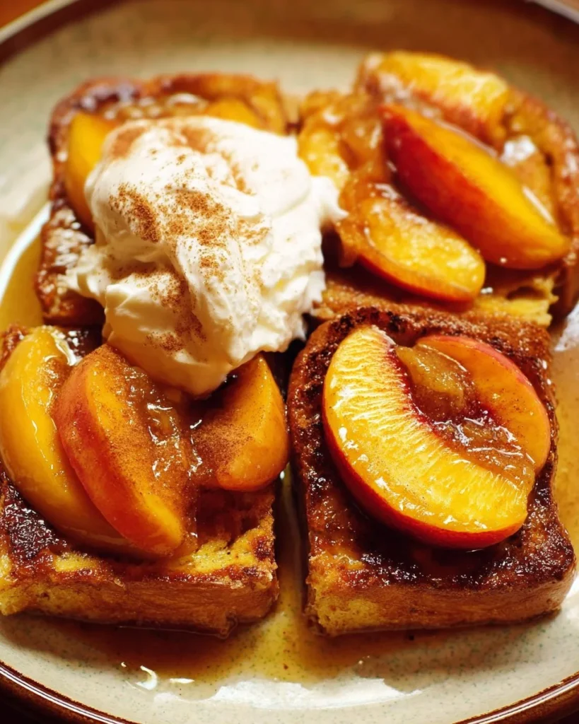 Delicious Overnight French Toast topped with Peaches and Cream