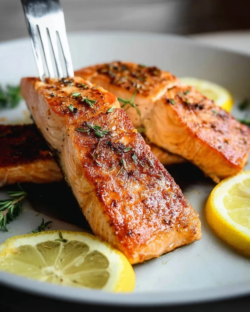 Delicious pan seared salmon on a plate garnished with herbs and lemon