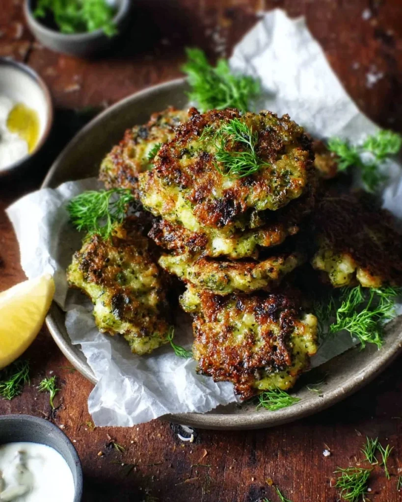 Crispy Parmesan Garlic Broccoli Fritters served on a plate