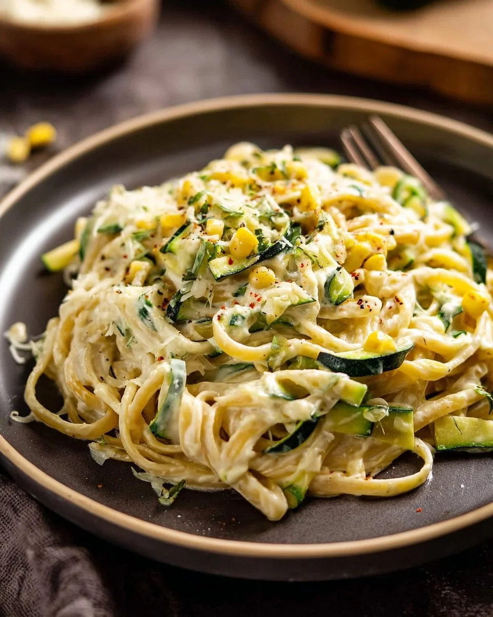 Plate of pasta topped with creamy zucchini sauce and garnished with herbs