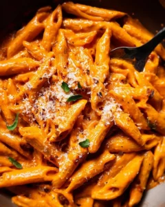 Delicious Pasta with Vodka topped with herbs and parmesan on a plate