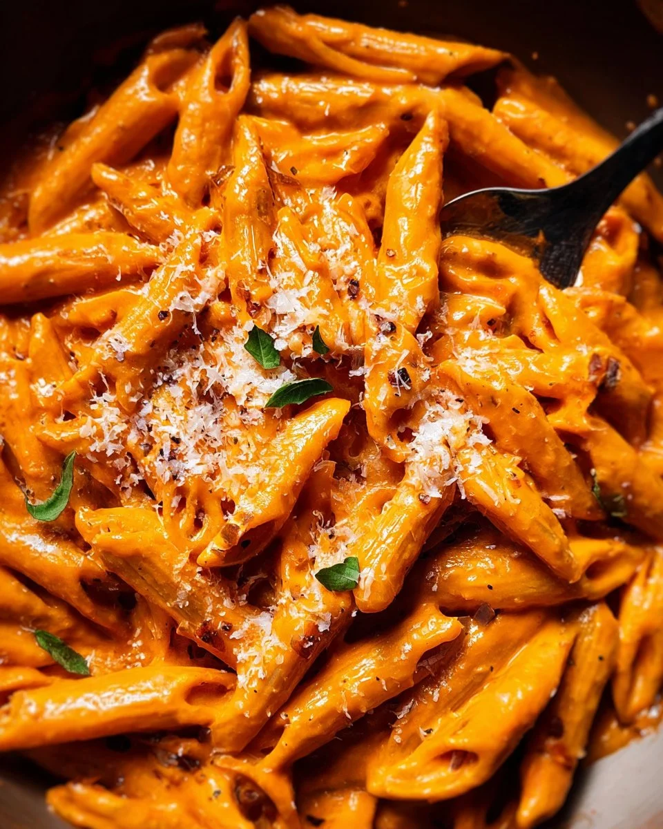 Delicious Pasta with Vodka topped with herbs and parmesan on a plate