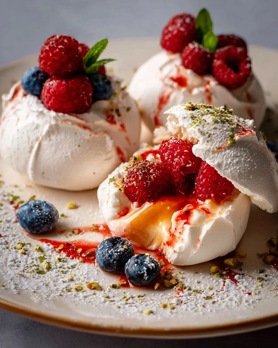 Delicious Pavlova Bombs topped with whipped cream and fresh fruit