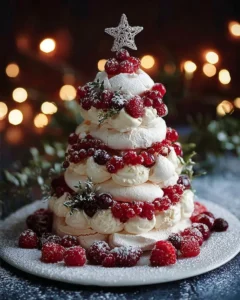 A beautiful Pavlova Christmas Tree decorated with berries and cream.